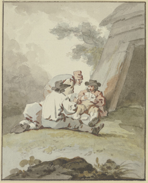 Vier Männer vor einer Hütte am Boden sitzend oder hockend beim Kartenspiel à Gottlieb Welté