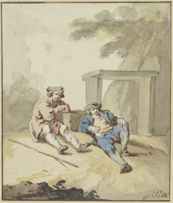 Zwei Männer bei einer Steinbank am Boden lagernd à Gottlieb Welté