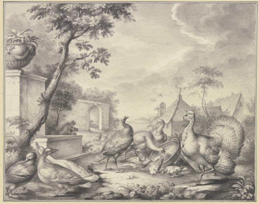 Truthahn und Tauben bei der Fütterung, links drei Enten à Gottlieb Friedrich Riedel
