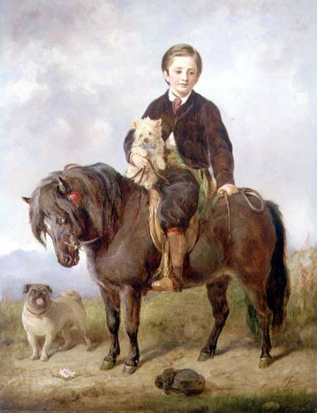 John Samuel Bradford as a boy seated on a shetland pony with a pug dog à Gourlay Steell