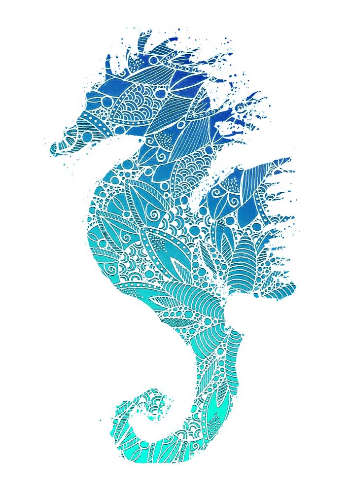 Blue Mandala Seahorse Silhouette à Sebastian  Grafmann