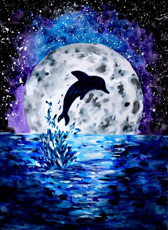 Delphin Ozean und Mond à Sebastian  Grafmann