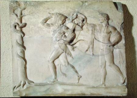 Tablet depicting Hercules carrying off the Delphic Tripod in front of Apollo à Art Grec
