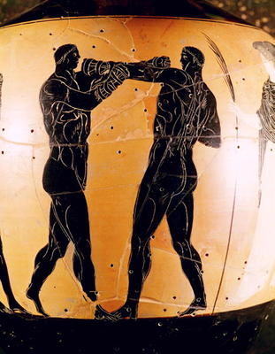 Black-figure Panathenaic amphora depicting a boxing contest, c.336 BC (pottery) à Grec 4ème siècle av. JC