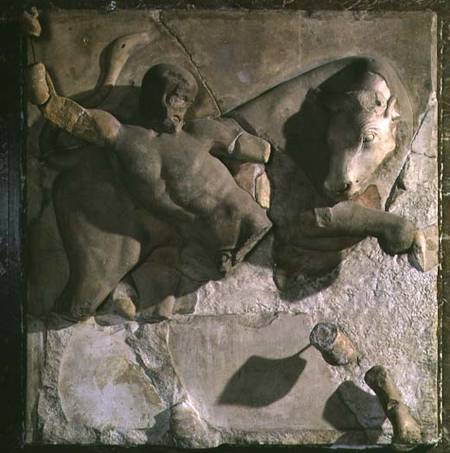Hercules Fighting the Cretan Bull, one of a series of twelve metopes depicting the Labours of Hercul à École grecque