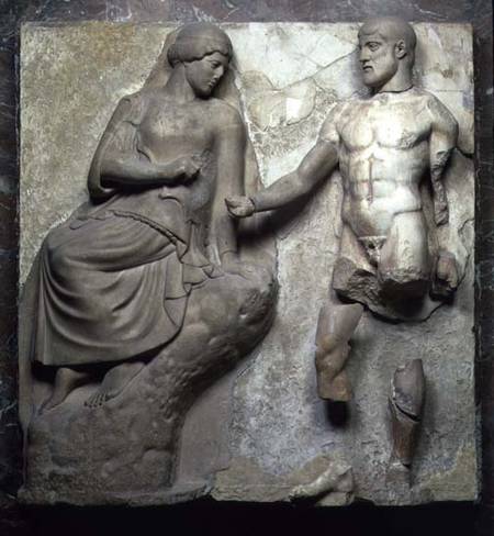 Hercules and Minerva, one of a series of metopes depicting the Labours of Hercules from the Temple o à École grecque