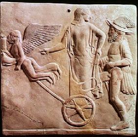 Aphrodite and Hermes riding on a chariot pulled by Eros and Psyche