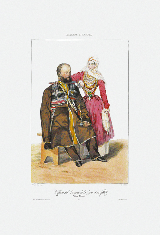 Terek Cossack with Daughter (From: Scenes, paysages, meurs et costumes du Caucase) à Grigori Grigorevich Gagarin