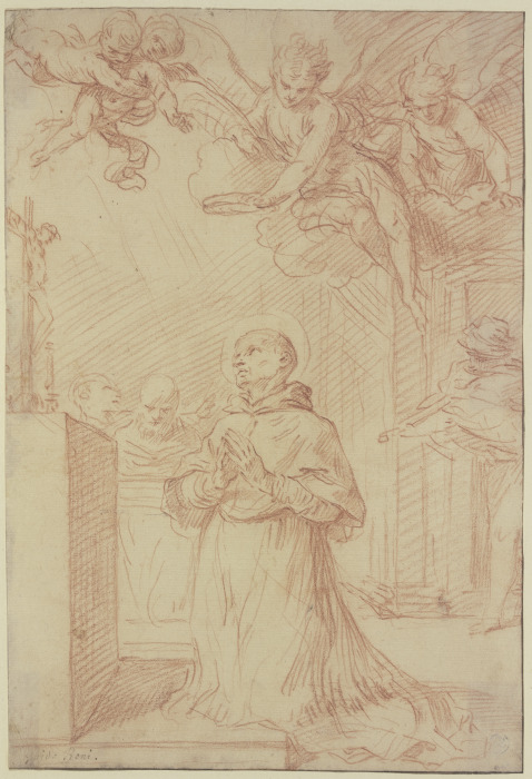 Betender Heiliger vor einem Altar von Engeln gekrönt à Guido Reni