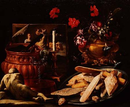 Still Life with Flowers in a Gilt Urn, a Painting and Cakes on a Salver à Guiseppe Recco