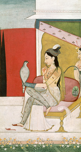 Dame avec un faucon, style Pahari, collines Punjab à École Guler