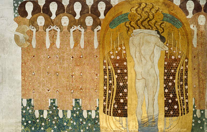 Here's a Kiss to the Whole World!, detail of the Beethoven Frieze, 1902 (casein, gold leaf, semi-pre à Gustav Klimt