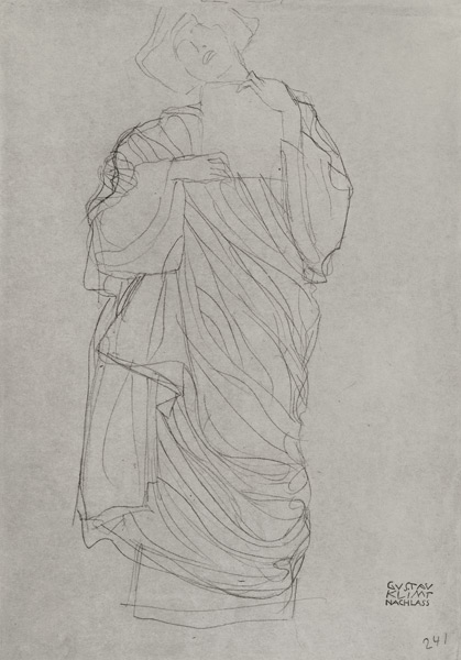 Robed Standing Woman Holding Card, cil on brown à Gustav Klimt