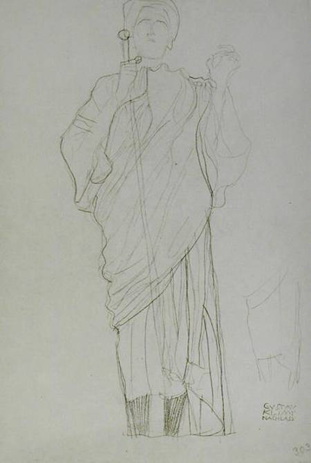 Standing Woman Holding Sword, cil on brown à Gustav Klimt
