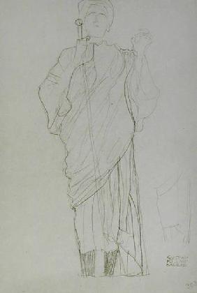 Standing Woman Holding Sword, cil on brown