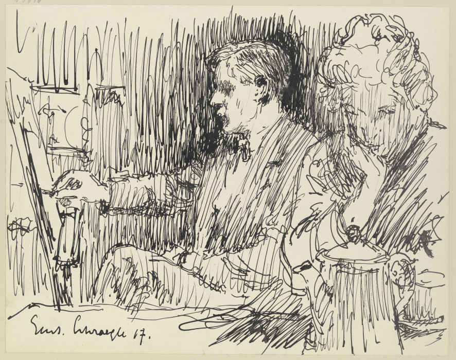Zeichner und Dame am Tisch à Gustav Schraegle