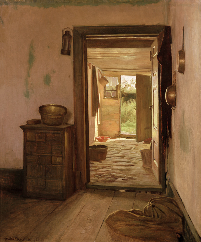 Farmhouse Interior with an Open Door à Gustav Vermehren