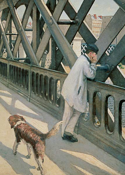 Le Pont de L'Europe: detail of a resting man and a dog à Gustave Caillebotte