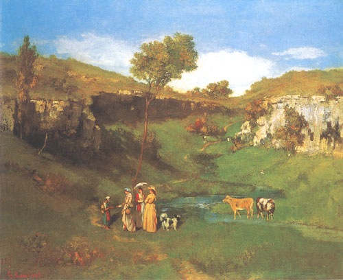 les filles du village donnent une aumône dans une vallée à une bergère près de Ornans à Gustave Courbet