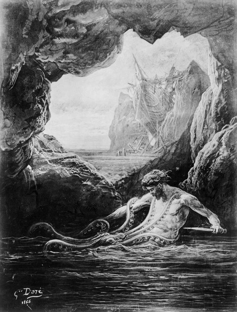 Gilliatt struggles with the giant octopus, illustration from ''Les Travailleurs de la Mer'' by Victo à Gustave Doré