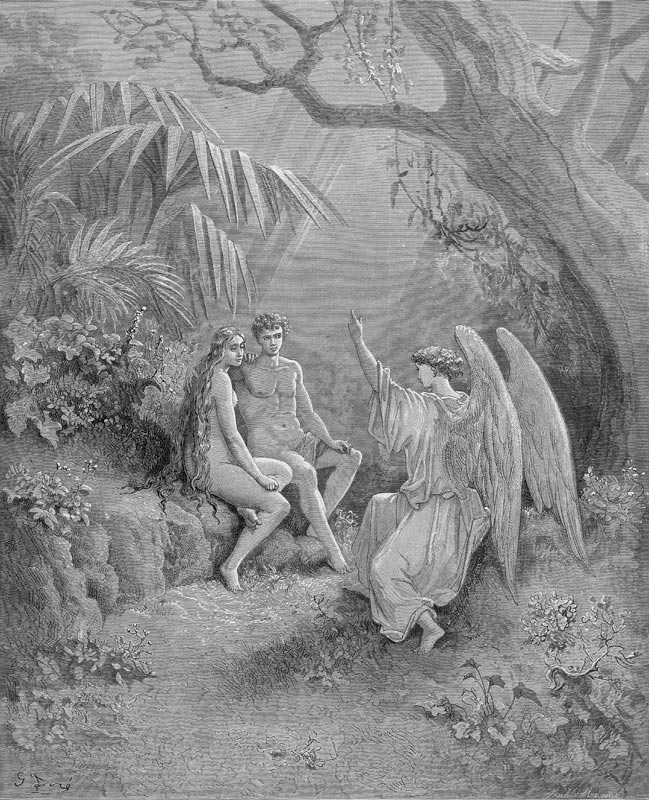 Raphael talks to Adam and Eve. Illustration for John Milton's "Paradise Lost" à Gustave Doré