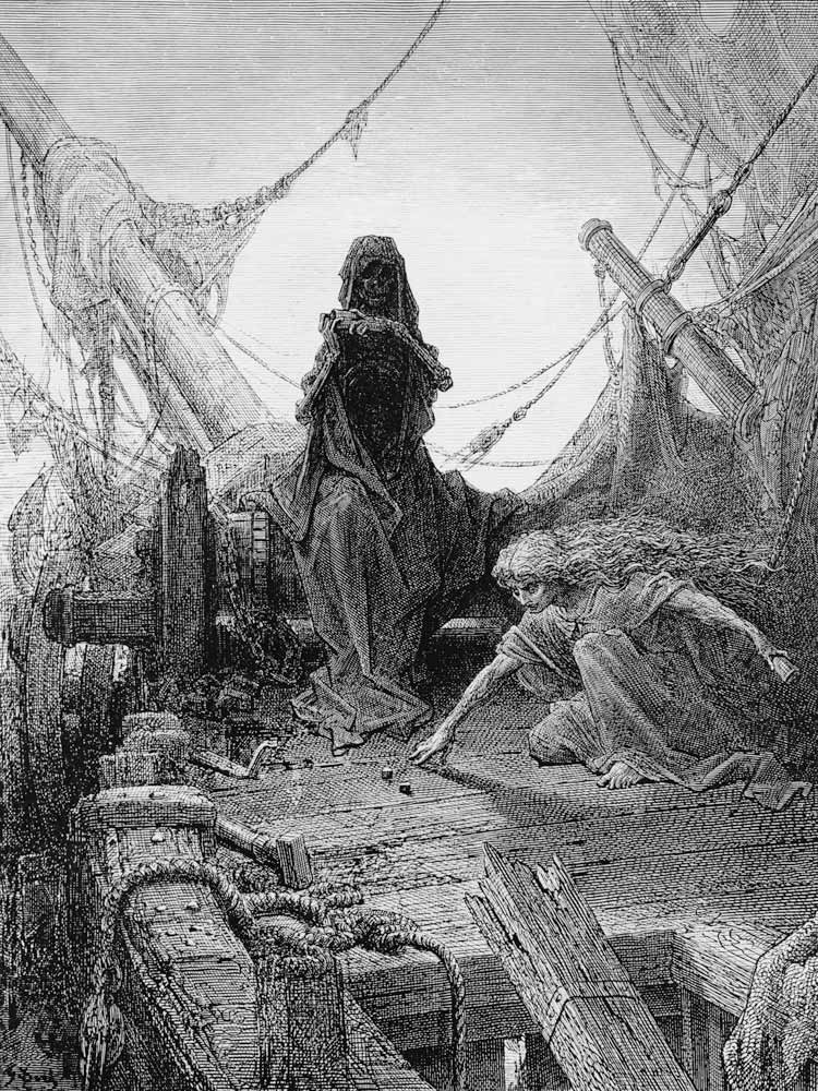 The ''Night-mare Life-in-Death'' plays dice with Death for the souls of the crew, scene from ''The R à Gustave Doré