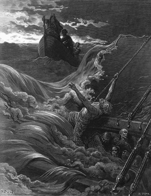 The mariner, as his ship is sinking, sees the boat with the Hermit and Pilot, scene from ''The Rime  à Gustave Doré