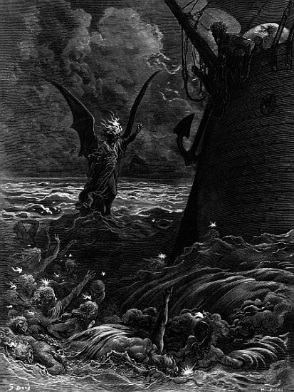 Death-fires dancing around the becalmed ship, scene from ''The Rime of the Ancient Mariner'' S.T. Co à Gustave Doré