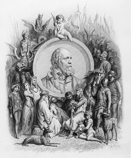 Frontispiece to ''Idylls of the King'' with a portrait of Alfred, Lord Tennyson à Gustave Doré