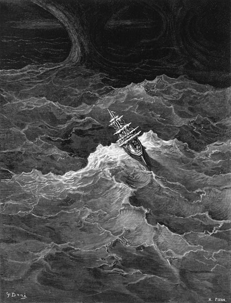 Ship in stormy sea, scene from ''The Rime of the Ancient Mariner'' S.T. Coleridge,S.T. Coleridge, pu à Gustave Doré
