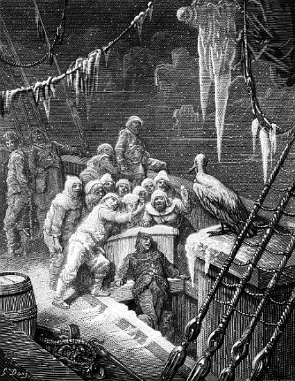 The albatross being fed the sailors on the the ship marooned in the frozen seas of Antartica, scene  à Gustave Doré