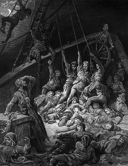 The dead sailors rise up and start to work the ropes of the ship so that it begins to move, scene fr à Gustave Doré