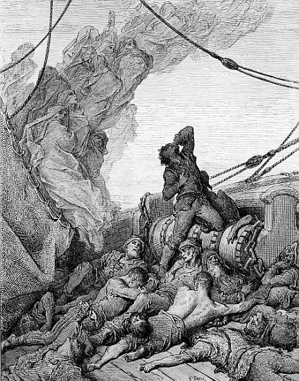 The Mariner, surrounded the dead sailors, suffers anguish of spirit, scene from ''The Rime of the An à Gustave Doré