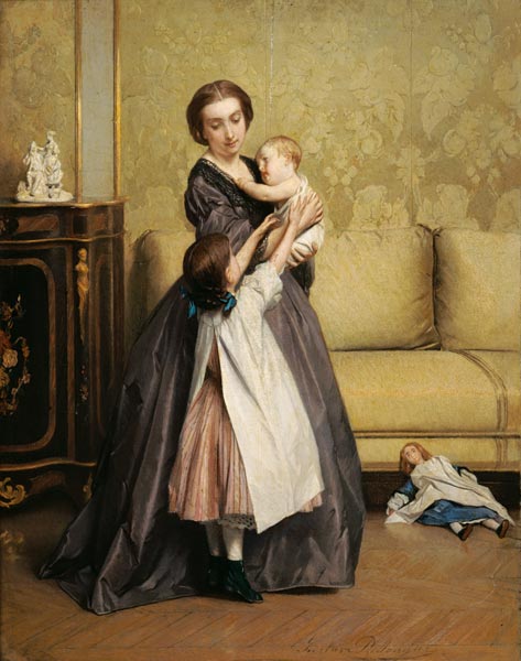 Young Mother with her Children in a Salon à Gustave Leonard de Jonghe