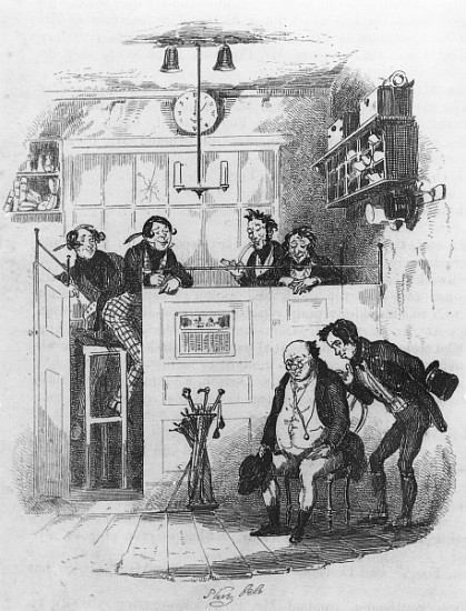 Mr. Pickwick and Sam in the attorney''s office, illustration from ''The Pickwick Papers'' Charles Di à Hablot Knight (Phiz) Browne