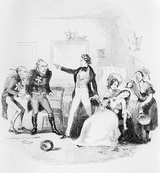 Nicholas congratulates Arthur Gride on his wedding morning, illustration from `Nicholas Nickleby'' C à Hablot Knight (Phiz) Browne