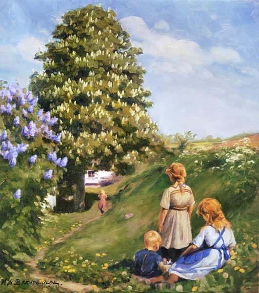 Enfants jouant dans le paysage de printemps. à Hans Andersen Brendekilde