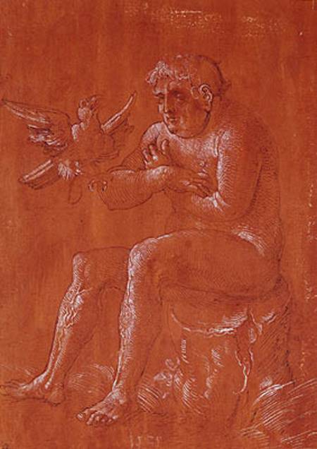 Nude man sitting on a tree trunk listening to a parrot (pen & ink and white chalk on red paper) à Hans Baldung Grien