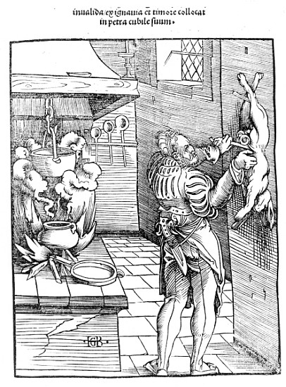 View of a sixteenth century kitchen with cook gutting a rabbit à Hans Baldung Grien