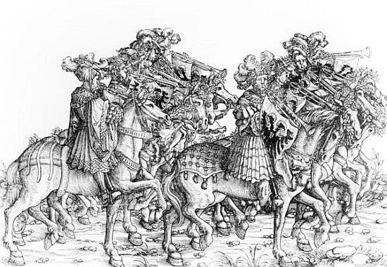 A group of mounted trumpeters, from ''Maximilian''s Triumphal Procession'', c.1516-18 à Hans Burgkmair