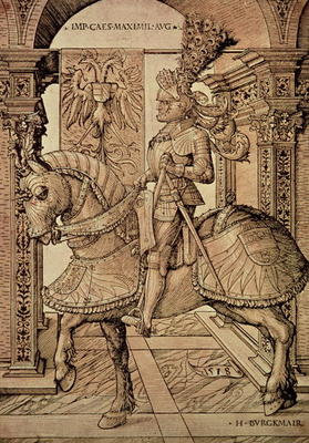 Emperor Maximilian I riding a horse, 1518 (engraving) à Hans Burgkmair