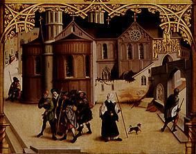 scène de pèlerins Détail de basilique panneau Santa-Croce à Hans Burgkmair l'Ancien