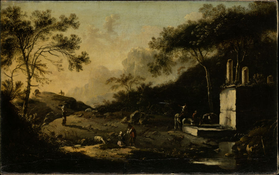 Italian Mountain Landscape with Travelers at a Well à Hans de Jode