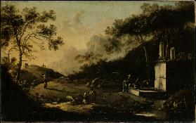 Italian Mountain Landscape with Travelers at a Well