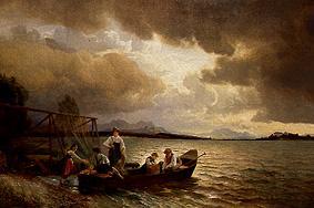 Pêcheurs dans le bateau sur le rivage du Chiemsee à Hans Fredrik Gude