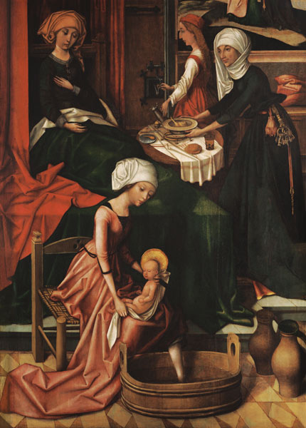 Naissance Marie. autel Weingartner dans la cathédrale d'Augsbourg. Détail : le premier bain. à Hans Holbein l'Ancien