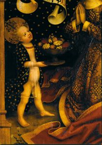Le l'enfant Jésus avec le panier de rose. Détail du panneau de basilique s.Marie Maggio à Hans Holbein l'Ancien