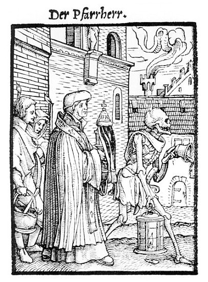 Death and the Parish Priest, from ''The Dance of Death''; engraved by Hans Lutzelburger, c.1538 à Hans Holbein le Jeune (atelier)