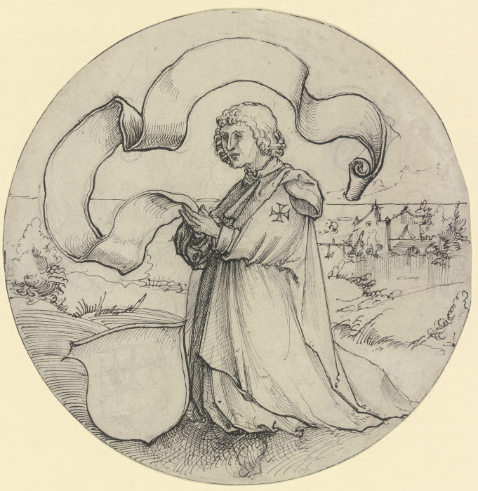 Kniender Johanniter in einer Landschaft mit Spruchband und Wappenschild à Hans Leu le Jeune
