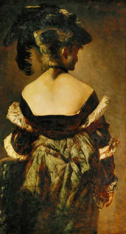Portrait einer Dame mit einem Federhut, Rückenansicht à Hans Makart